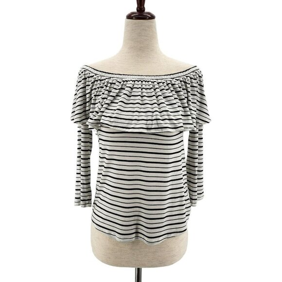 NWT American Eagle Striped White Black Ruffle Off The Shoulder Top Womens XS - Picture 1 of 9